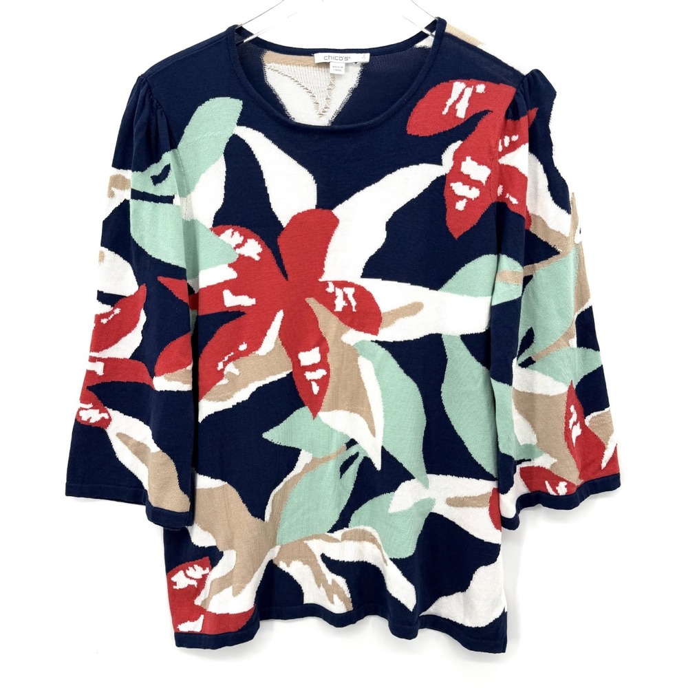 Chico's‎ Floral Sweater Size 2 L Puff 3/4 Sleeve Lightweight Spring Cotton Blend